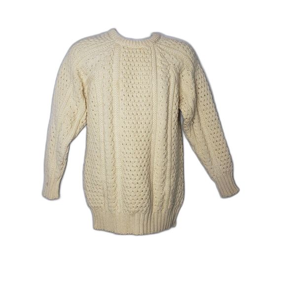ROSMUC KNITWEAR White Wool Cable Knit Fishmans Sweater Made In Ireland - Picture 1 of 8